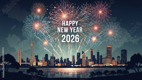 Happy new year 2026 fireworks display over modern city skyline at night