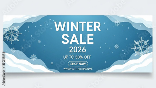 Winter sale 2026 banner with snowflakes and 50 percent discount offer on blue background