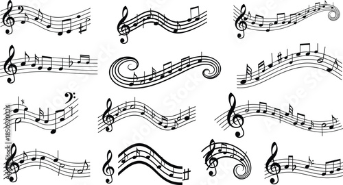 Musical staff vector set, swirling notes, treble and bass clefs, curved rhythm lines for music design, education, art, decoration