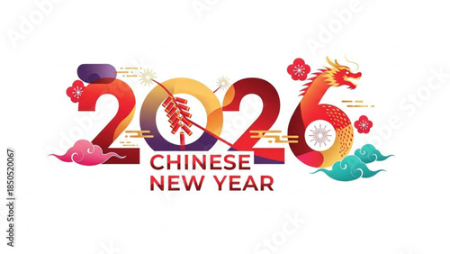 Vibrant 2026 chinese new year celebration design with dragon, flowers, and pagoda elements