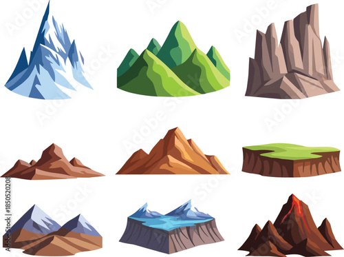Set of nine stylized landform and mountain icons in grid layout, featuring diverse geological shapes for educational and vector design use