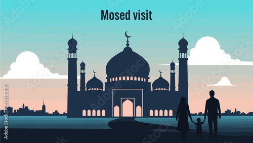 Silhouette of a mosque with people walking towards it at dusk