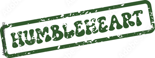 A textured green rubber stamp impression beautifully featuring the meaningful compound word Humbleheart within a classic rectangular outline