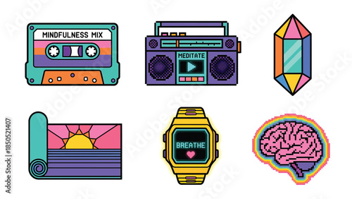 Colorful Vintage Cassette Tape Modern Boombox Crystals Digital Watch Sunrise and Brain Illustration Creative Retro and Modern Design Elements