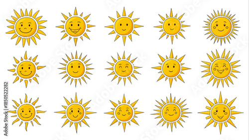 Collection of Cute Cartoon Sun Characters with Different Expressions.