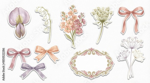 Fotografija Vintage floral stickers with ribbons and ornate frame for scrapbooking