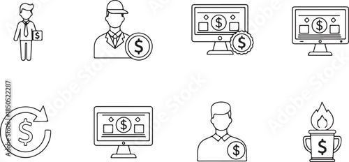 Set of outline icons for finance, money, earning, investment, online banking, salary, profit, and reward