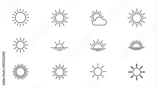 Collection of Sun Icons and Symbols Representing Daylight and Weather.