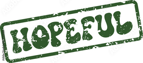 A vibrant green rubber stamp impression featuring the inspiring word Hopeful within a rectangular border