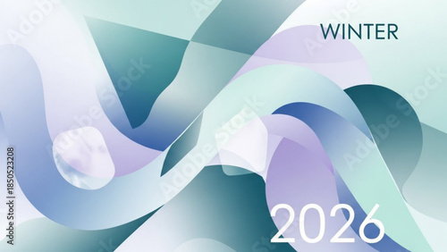 Winter 2026 abstract graphic design with swirling blue and purple shapes and white accents