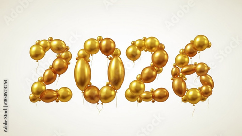 Golden balloons forming the year 2025 on white background, shiny and reflective