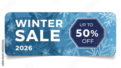 Winter sale 2026 label with up to 50 percent off discount on blue snowy background