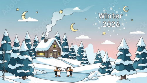 Two penguins skating on frozen pond near snowy cabin with trees and winter sky