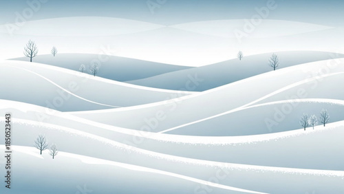 Serene winter landscape with rolling snow covered hills and bare trees under clear blue sky