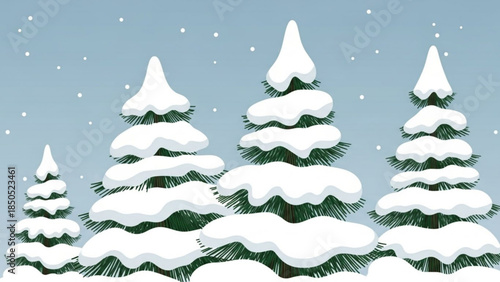 Four snow covered pine trees on a snowy landscape with blue background