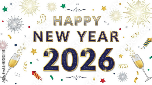 Happy new year 2026 celebration with champagne and fireworks decorations