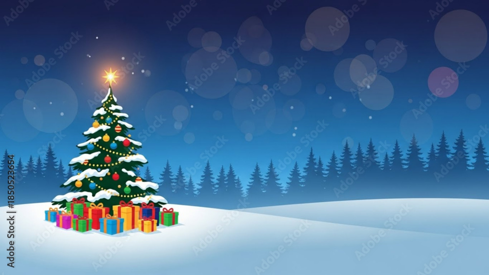 Naklejka premium Decorated Christmas tree with gifts in snowy landscape festive winter holiday background with bokeh lights and pine forest