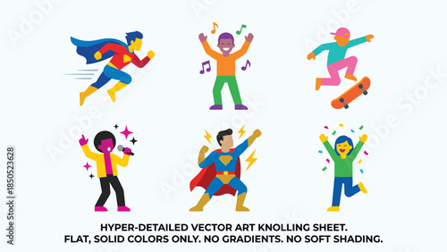 Vibrant Flat Style Skateboarder and Skater with Dynamic Poses for Youth Sports Recreation and Urban Lifestyle Projects