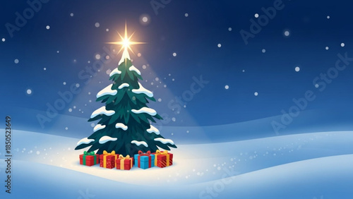 Snowy Christmas tree with gifts glowing star on top winter night scene festive holiday celebration background