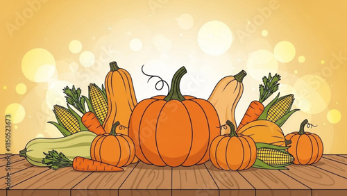 Autumn harvest arrangement of pumpkins squash and corn on a wooden table festive fall illustration for Thanksgiving and Halloween