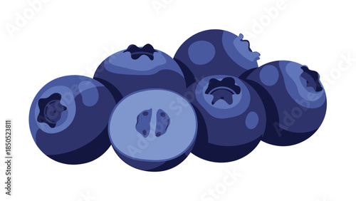 Illustration of a cluster of blueberries with varying shades of blue on a white background.