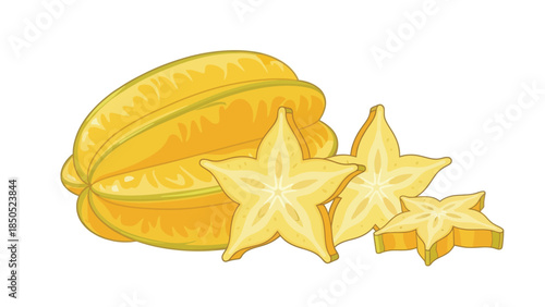 Illustration of a whole and sliced starfruit on a white background with a simple, graphic style and warm yellow tones.