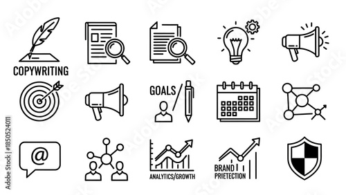 Set of Copywriting Marketing Business Icons Illustrating Creative Content Strategy.