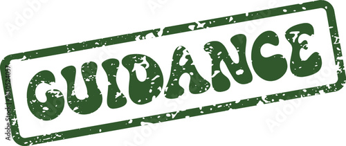 Green distressed rubber stamp impression displaying the empowering word GUIDANCE in a distinctive groovy font style