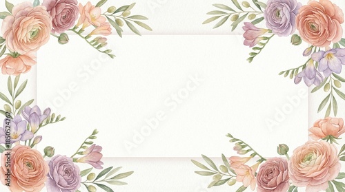 Elegant floral frame with roses and leaves on white background