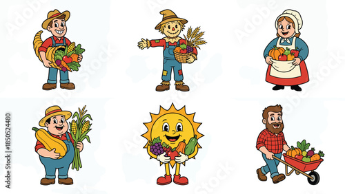 Cute Farm Animal Characters with Bright Sun and Farmer in Charming Children s Illustration