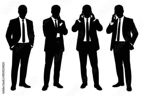 Businessmen silhouettes talking on mobile phones in a row isolated on white background representing communication, corporate teamwork, business concept, professional lifestyle, technology, and office 