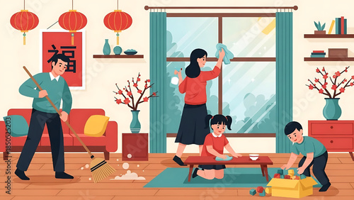 Flat design illustration of a family cleaning their house before Chinese New Year