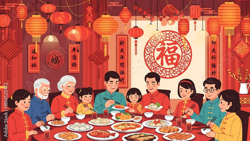 Flat design illustration of an Asian family enjoying a Chinese New Year reunion dinner together.