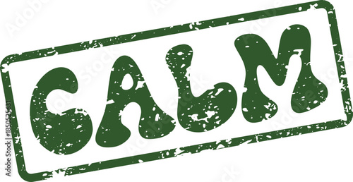 A distressed rectangular green rubber stamp signifying tranquility and peacefulness with the word CALM