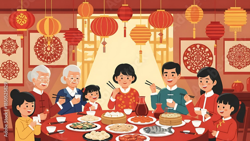 Flat design illustration of an Asian family enjoying a Chinese New Year reunion dinner together.
