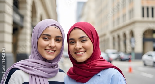 Two smiling young women wearing colorful hijabs on city street