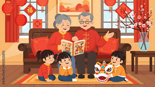 illustration of grandparents telling Chinese New Year stories to children.