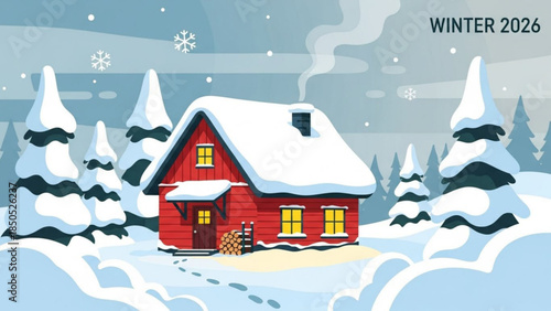 Cozy red house with snow covered roof and trees in winter landscape scene with warm yellow