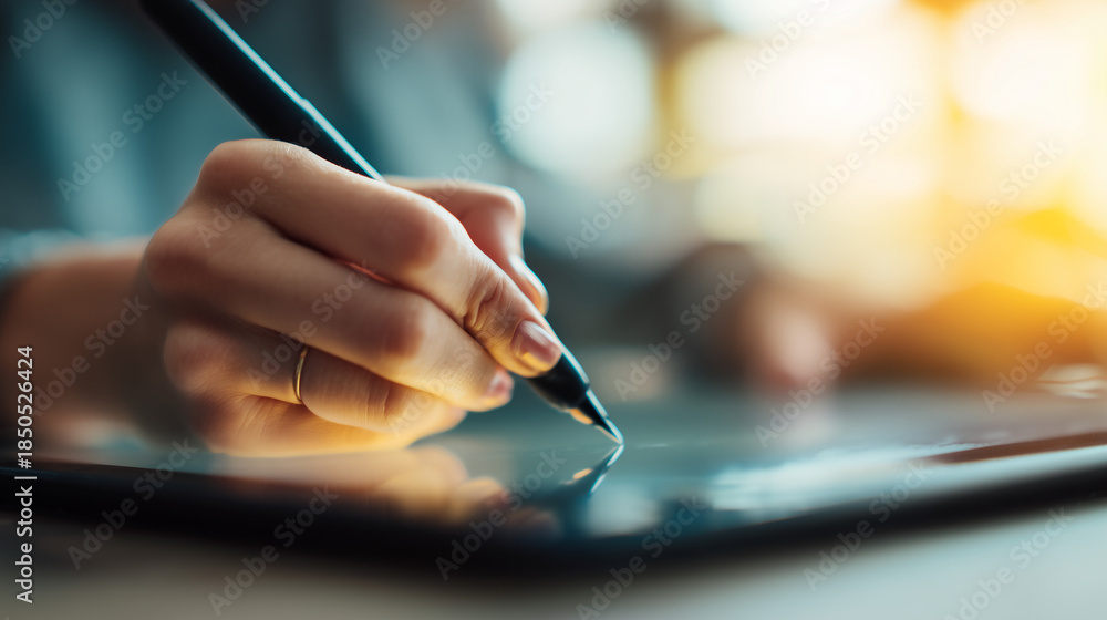 Obraz premium Close-up of hands using digital pen on tablet, creative design process, soft lighting, shallow depth of field, Adobe Stock photography style, clean and professional look.