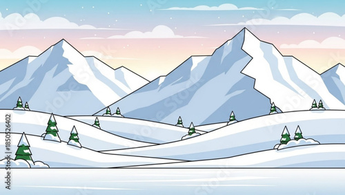 Snowy mountain range with evergreen trees on rolling hills at sunrise