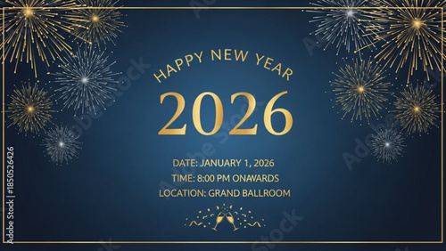 Happy new year 2026 celebration with fireworks at grand ballroom on january 1st