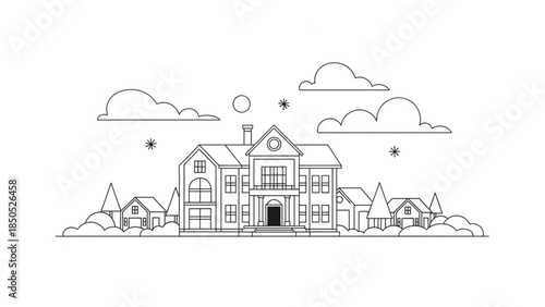 Large house with smaller homes in a suburban neighborhood on a sunny day with clouds and stars