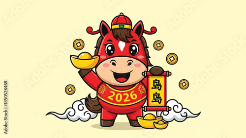 Cute cartoon horse in red chinese new year costume holding gold coins and scroll with 2026