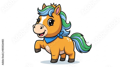 A cute cartoon horse with blue and green mane and tail, wearing blue neckerchief, standing