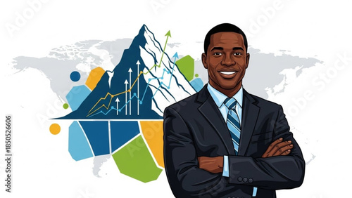 Confident african american businessman standing in front of abstract mountain graph
