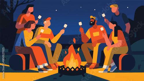 Illustration Of Group Of Friends Gathered Around A Fire Pit On A Cool Evening, Toasting Marshmallows Vector Design Template