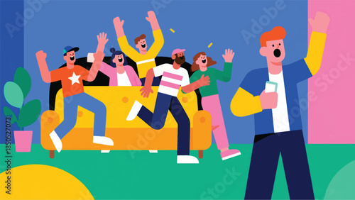 Illustration Of Group Of Friends Jumping Out From Behind A Sofa, Yelling Surprise Vector Design Template