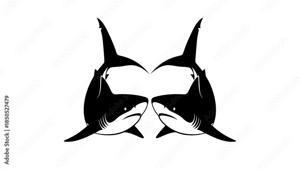 Fototapeta premium Two sharks facing each other black and white design.