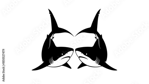 Two sharks facing each other black and white design.