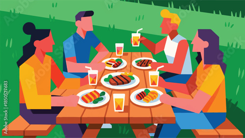 Illustration Of Group Of Friends Sharing Plates Of Grilled Food On A Picnic Table, With Refreshing Drinks Vector Design Template